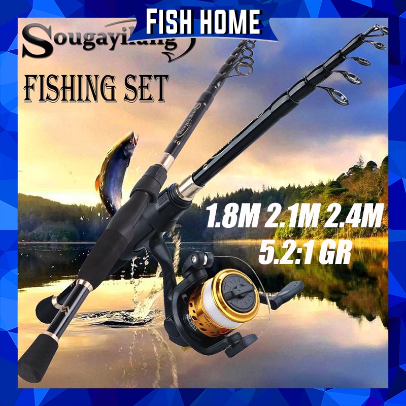 Set Pancing Kolam Termurah Serat Karbon Portabel 1.8M-2.4M Joran Pancing Joran Kabel Sutet Joran Casting Joran Tegek Teleskopik Dan 5.2:1 Gear Ratio Fishing Spinning Reel Untuk Air Tawar Memancing Set