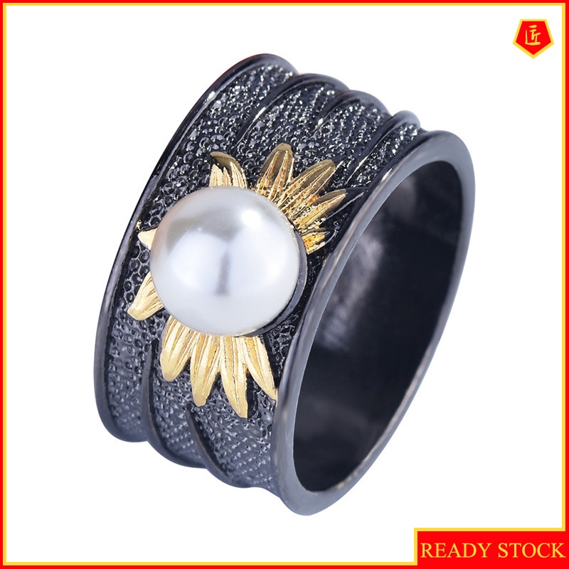 [Ready Stock]Gothic Style Sunflower Pearl Black Gold Ring