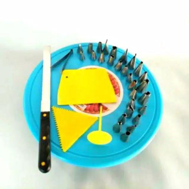 Paket Hemat Alat Dekorasi Kue Set Meja Putar Scraper Gerigi Polos Pisau Roti