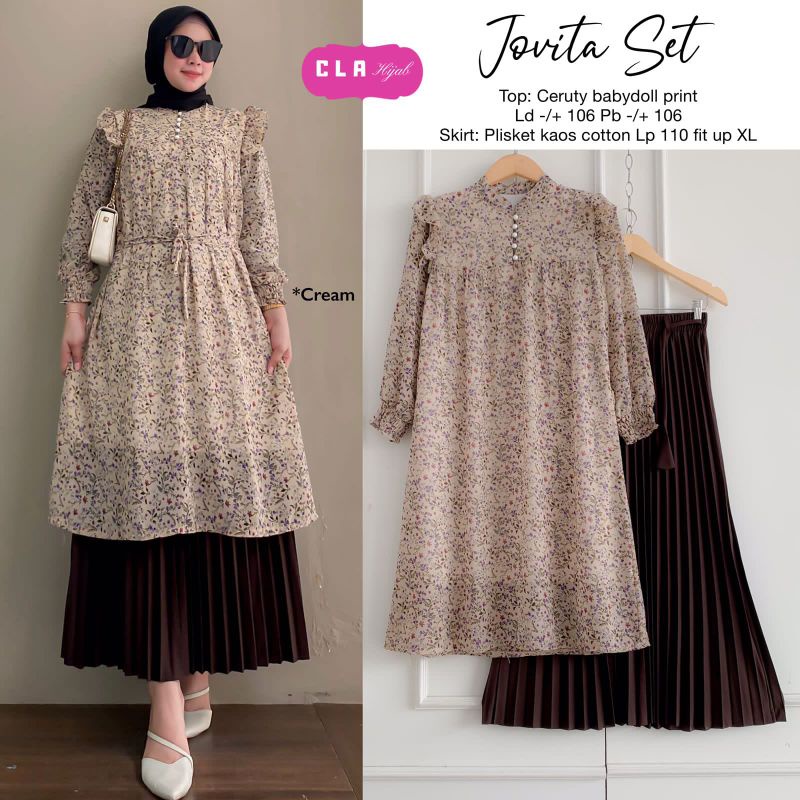 JOVITA SET TUNIK CERUTI ROK PLISKET ORI BY CLAHIJAB