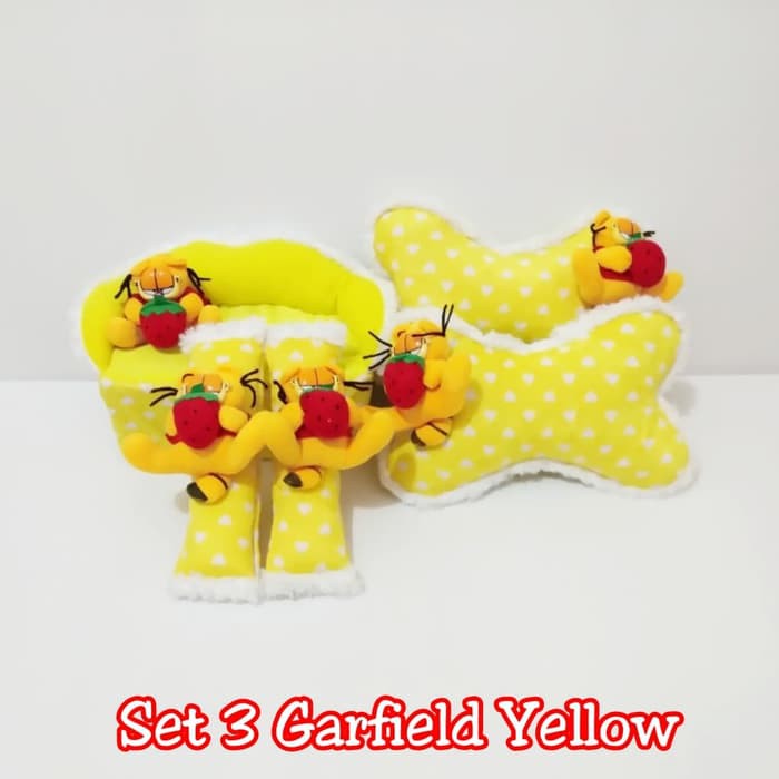 Set bantal headrest sandaran kepala jok leher kursi mobil boneka garfield kuning 3 i