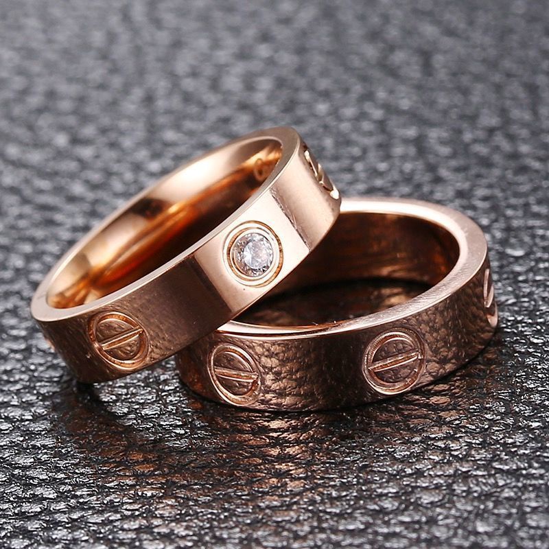 Cincin Titanium Steel Warna Rose Gold Hias Berlian Klasik Simple Unisex