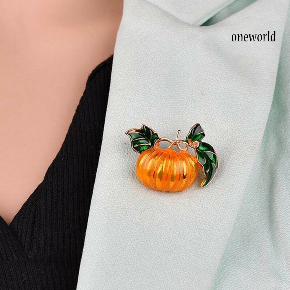 OW@ Halloween Pumpkin Rhinestone Inlaid Enamel Brooch Pin Sweater Shirt Collar Badge