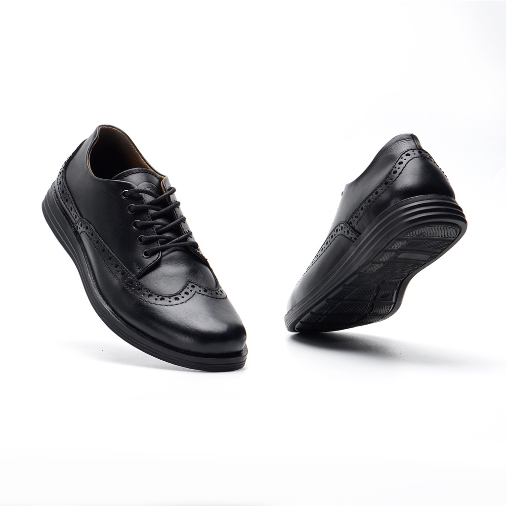 HALSTEN BLACK ORIGINAL x GREATA Sepatu Kulit Sapi Asli Hitam Pria Formal Pantofel Tali Kerja Kantor Dinas Resmi Guru Kantoran Pesta Undangan Kondangan Wedding Wisuda Kuliah Semi Casual Brogue Wingtip Derby Oxford Genuine Leather Men Footwear Keren Terbaru