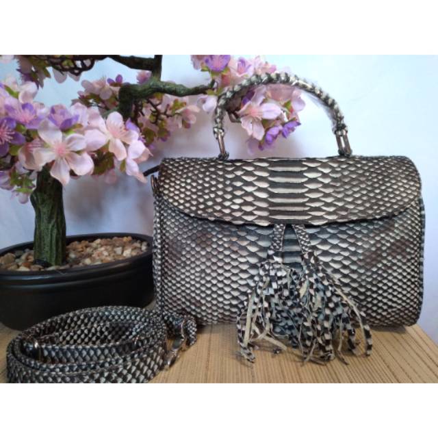 Tas wanita kulit ular asli jinjing tali rantai panjang warna