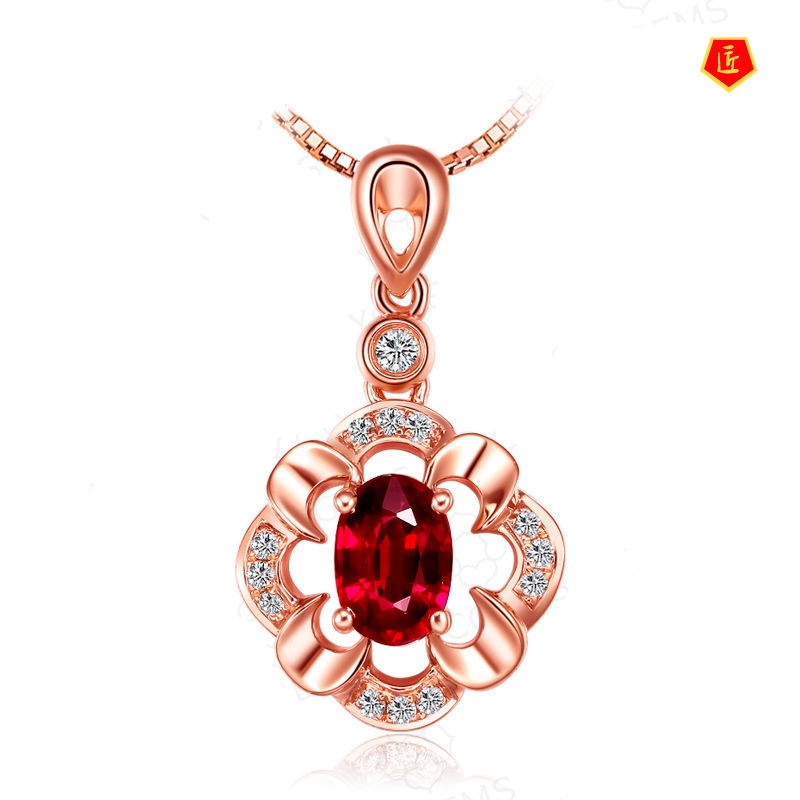 [Ready Stock]Silver Necklace Female Ruby Pendant 18K Rose Gold