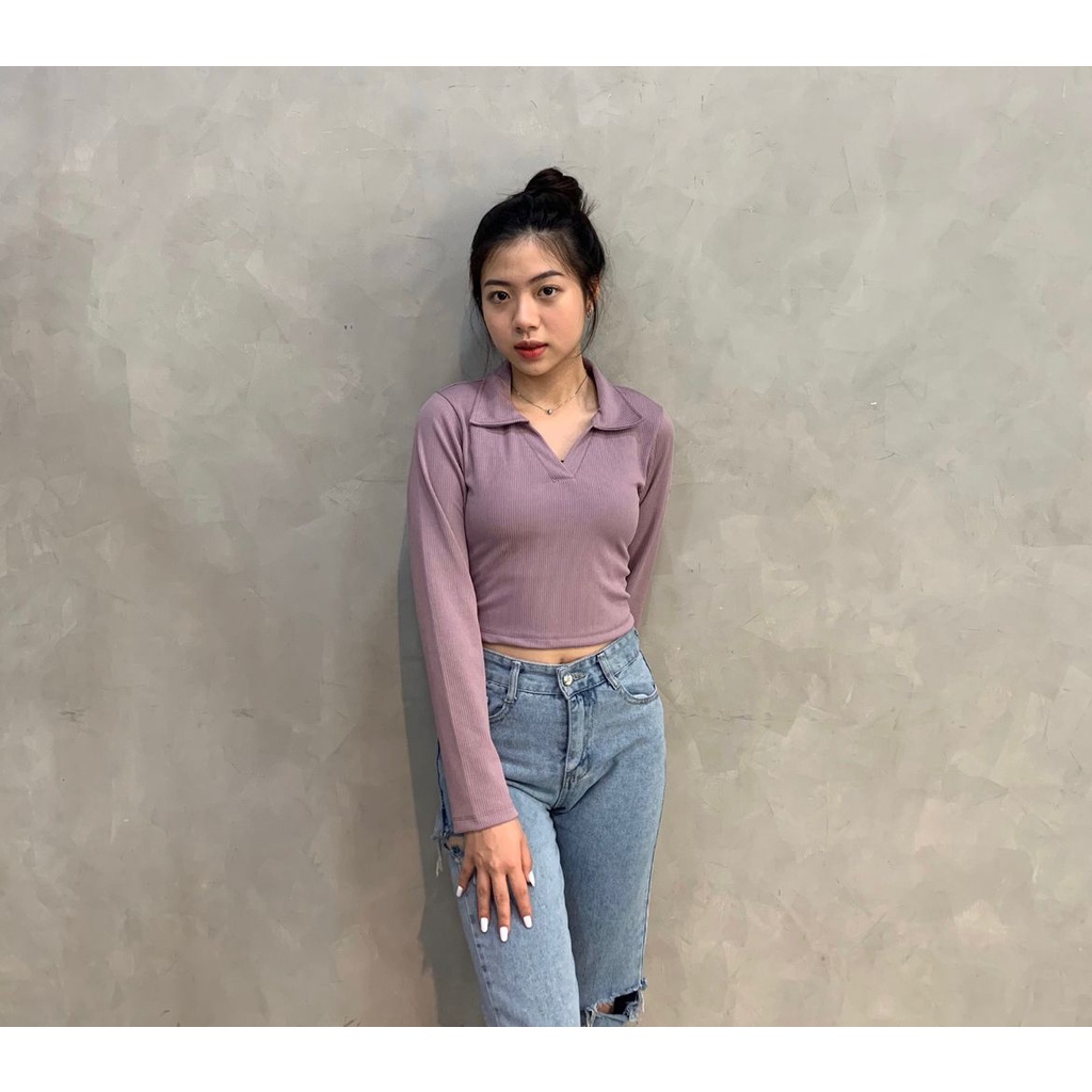 Toply shop Top V knit Crop Lengan panjang   Knit premium