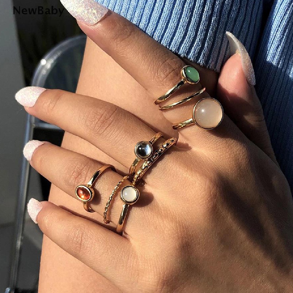 8pcs / Set Cincin Knuckle Desain Geometri Hias Batu Warna-Warni Gaya Vintage Untuk Wanita