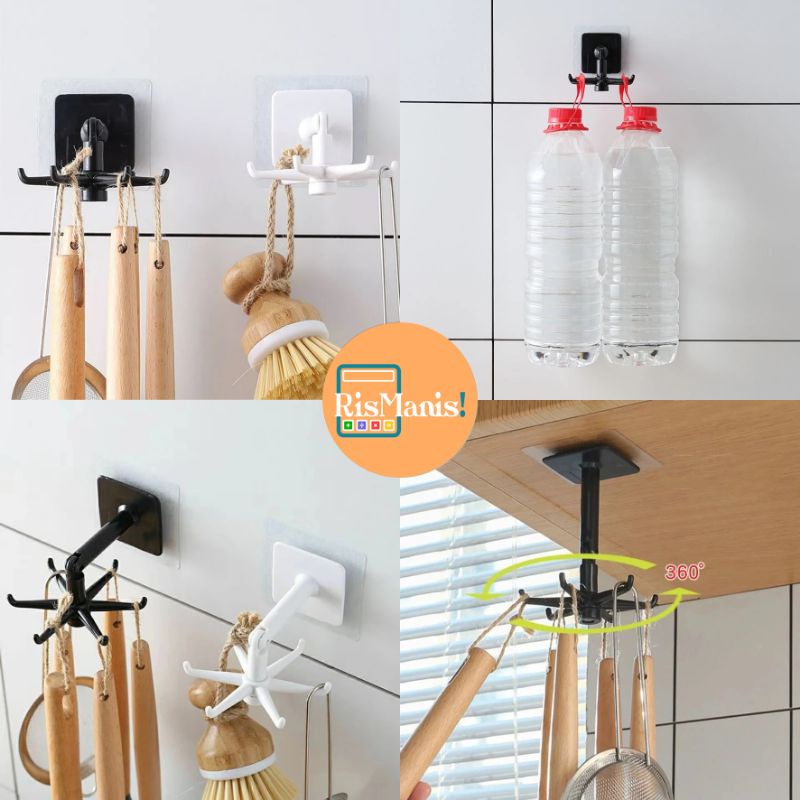 ROTATABLE KITCHEN HOOKS - Gantungan Dapur Tempel Rotasi 6 Pengait Unik Alat Masak Perlengkapan Dapur