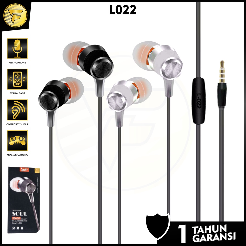 Earphone L22 Metal Body SOUL BASS stereo music telfon daily headset mic original