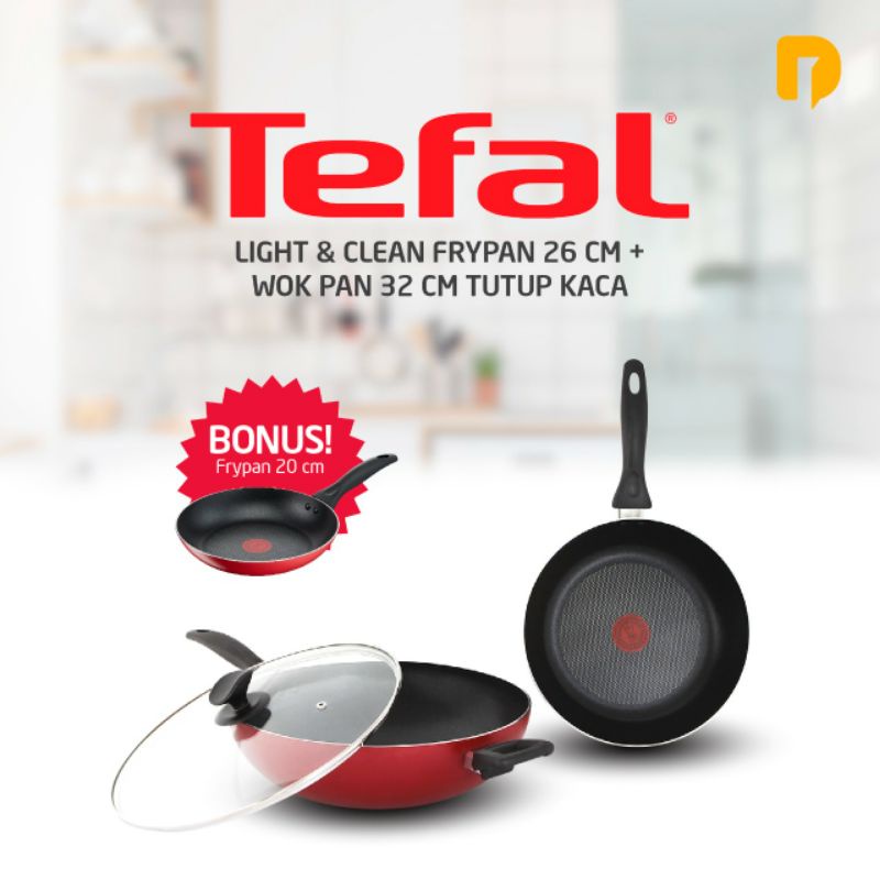 Tefal Light & Clean Fry pan 26 cm + Wok Pan 32 cm Tutup Kaca