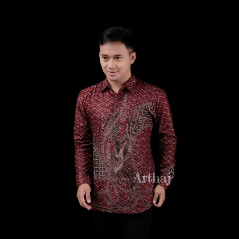 batik pria kemeja batik pria lengan panjang size m l xl xxl terlaris-Ponik red