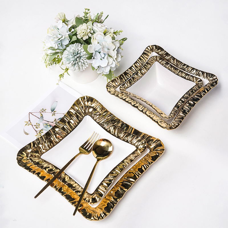 ASHOME Elizabeth Collection Piring dan Mangkuk Keramik Putih Gold Motif Karat Emas Bentuk Kotak /Cer