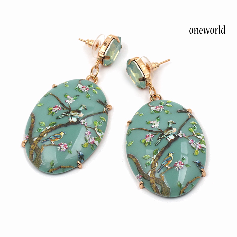 OW@ Retro Women Floral Oval Faux Gemstone Dangle Earrings Eardrop Party Jewelry