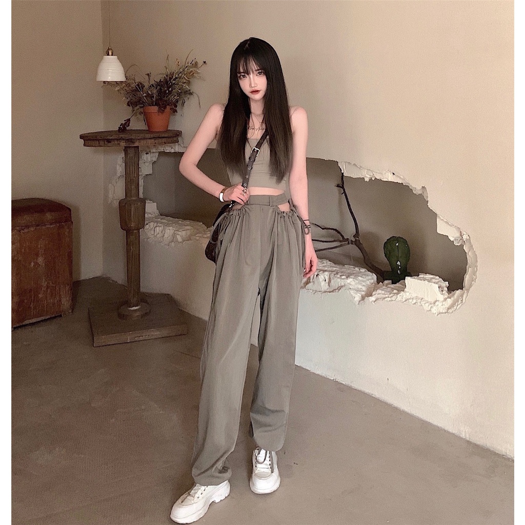 Suhao high-waisted workwear longgar celana lurus kasual wanita musim semi dan musim panas all-match baru slim wide-leg celana panjang menggantungkan celana