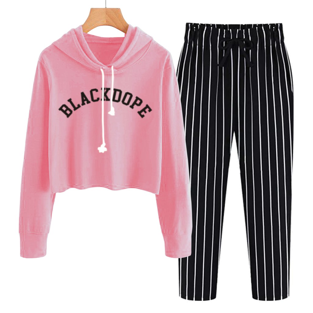 BESS - Baju Setelan Wanita Murah / Setelan Hoodie Crop + Celana Salur Hitam - BLACKDOPE