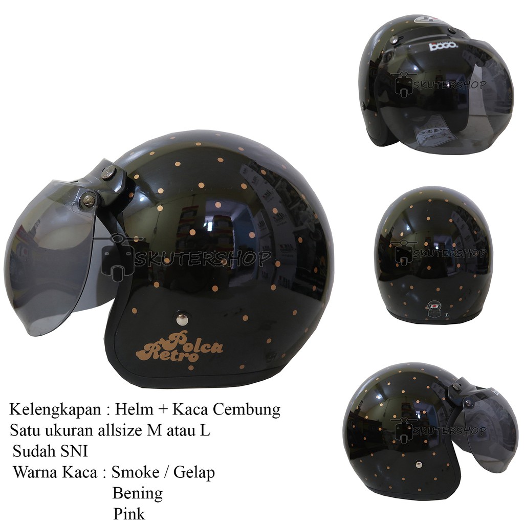 Andriawanhs JPN Helm Bogo Retro Klasik Polkadot Polca Retro Hitam Glossy Gold + Kaca Bogo Ori