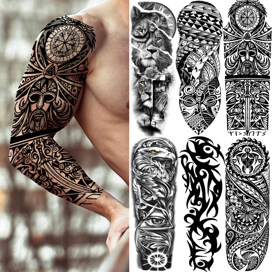DIY Tribal Totem Full Arm Temporary Tattoo Sleeve For Men Women Adult Maori Skull Tattoos StickerBla