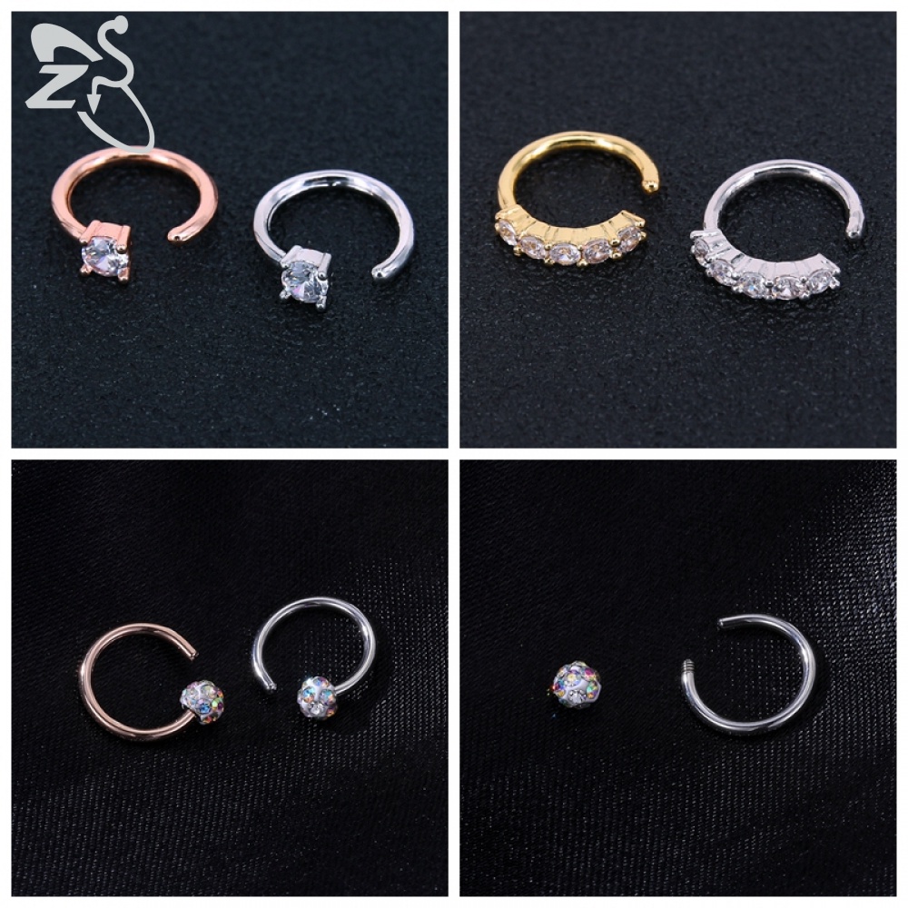 1pc Cincin Tindik Hidung / Bibir / Telinga Bentuk C Bahan Stainless Steel Hias Kristal Zirconia 8 / 10mm