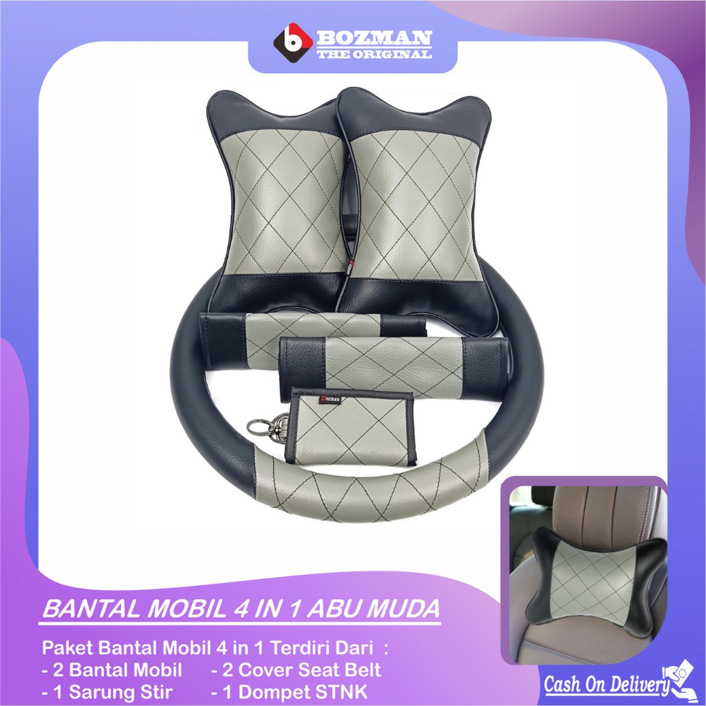 Set Bantal Mobil 4 in 1 Abu Muda Premium Bantal Mobil Sarung Stir Cover Seatbelt Dompet STNK