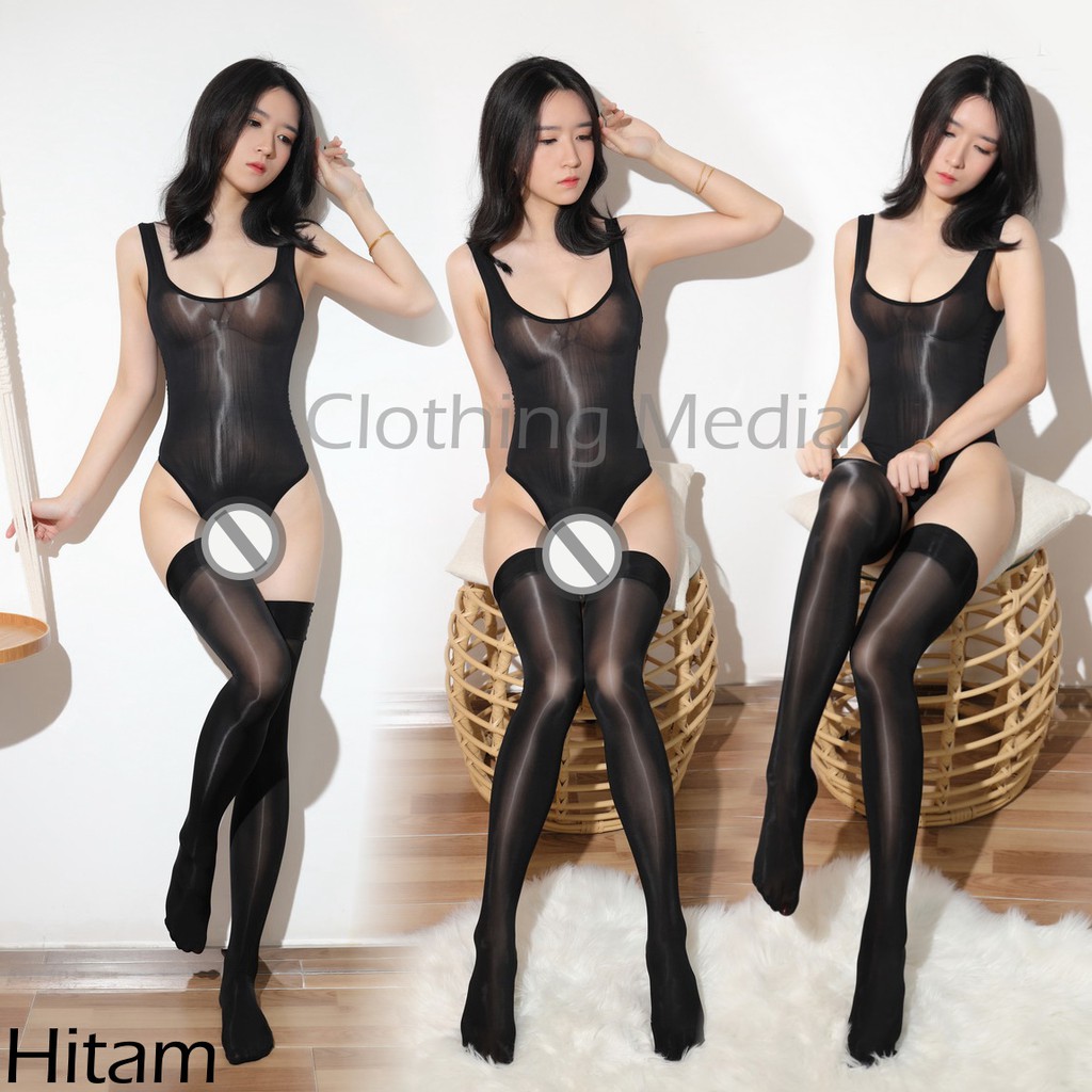 Bodysuit Leotard Stocking Set Glossy Halus Bodystocking Baju Transparan Tipis