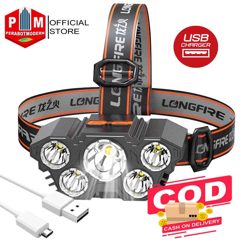 Head Lamp Senter Kepala 5 LED Super Terang USB Rechangeable Waterproof Anti Air 45w 4Mode Cahaya Putih / senter kepala untuk masuk hutan mancing cari belut katak naik trail trabas sepeda gunung hiking camping emergency