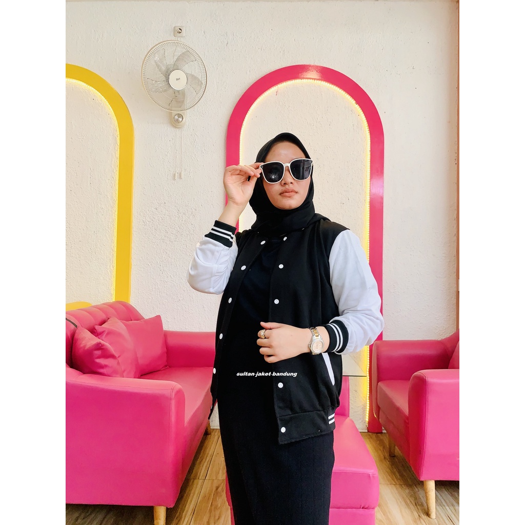 Jaket Varsity Basic II jaket Baseball Polos II College Jacket II Jaket Sweater Varsity Milea-HITAM - PUTIH