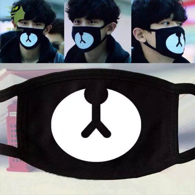 Masker Mulut Kain Hitam Artis Korea KPOP Masker Mulut Beruang Panda Bearl - Anti Debu dan Polusi