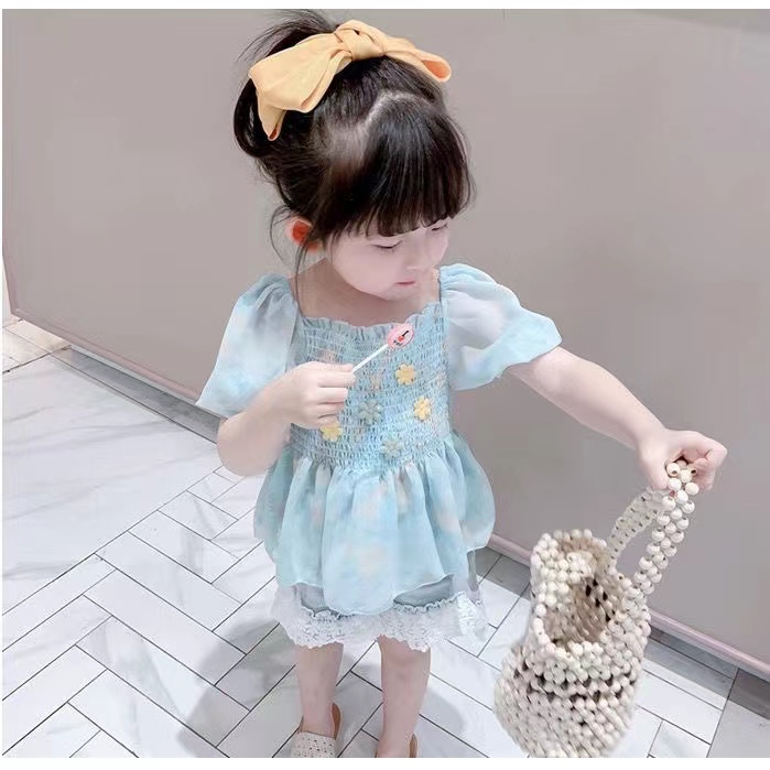 Kaos Chiffon Bunga Pink/Biru Anak Perempuan Korea Fashion Lengan Pendek