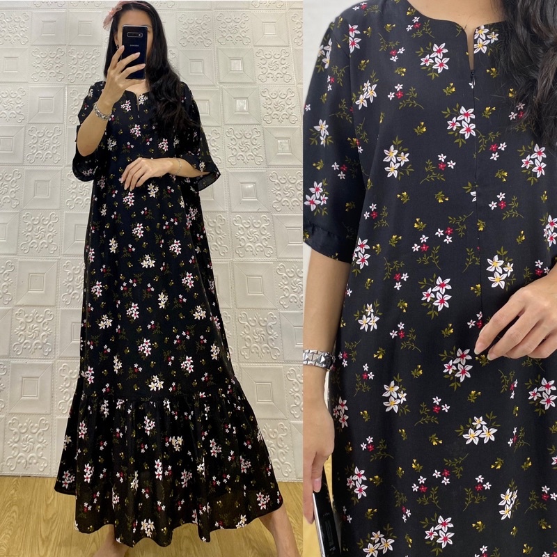 daster MONA tangan 3/4 PB 130cm /daster panjang rempel tangan 3/4  JUMBO premium sleting /busui/rempel tangan 3/4/ tangan pendek/ tali grosir ecer SEMATA KAKI RAYON-Mona lili hitam