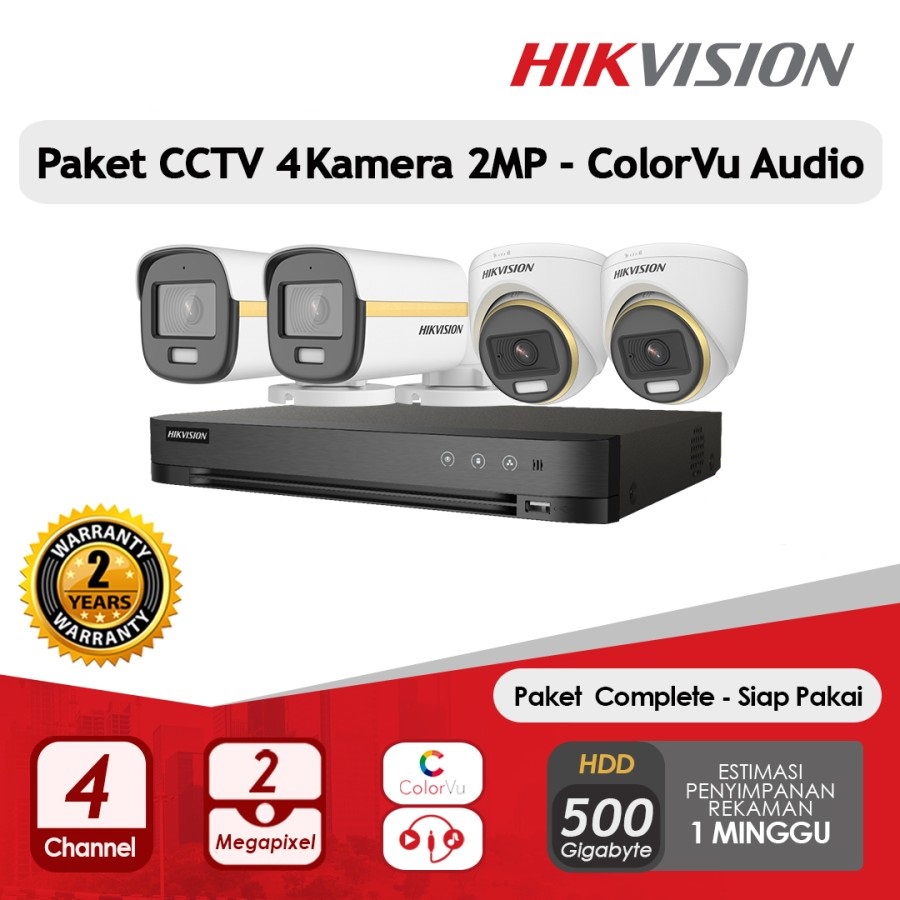 PAKET CCTV HIKVISION 2MP COLORVU AUDIO 4 KAMERA SIAP PASANG