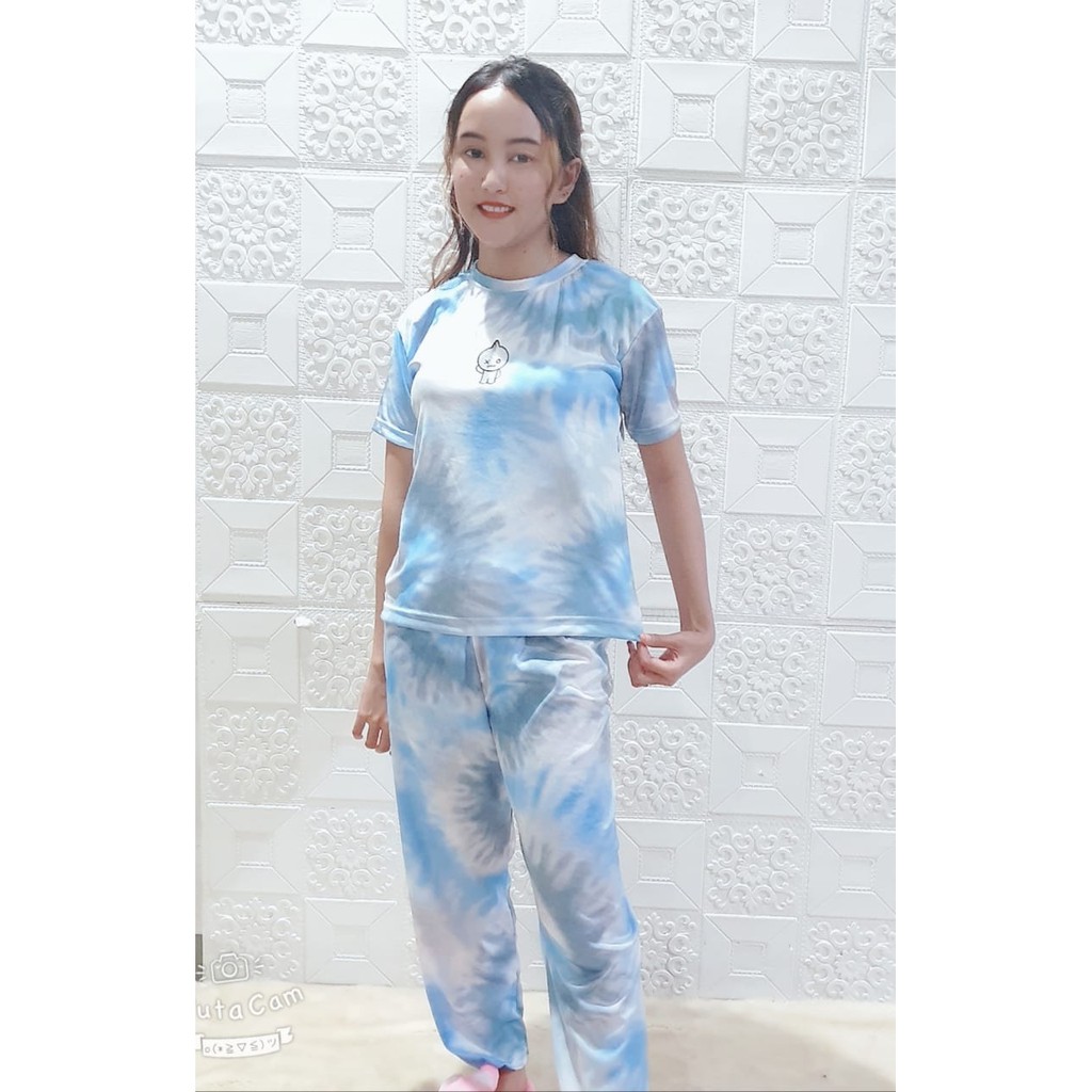 Rillo - Set Setelan CP  Wanita Tie Dye / Cotton Candy /bt21 bordir Fit XL-Abu Van CP