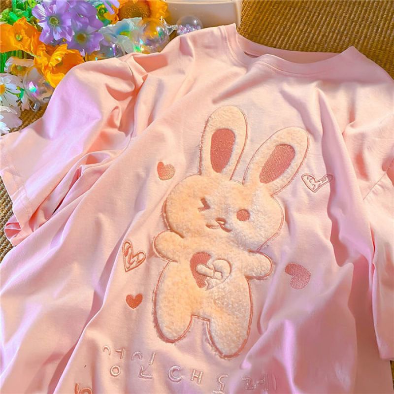 [littlecrab] Kaos Oversize Bunny Bulu With Korean Letter Writing Tshirt Kelinci Lembut Berkualitas T-shirt Bunny Love Soft Color Putih Pink Biru Kaos Unik Cute Tshirt With Soft Fur Kaos Couple Unisex Korean Style