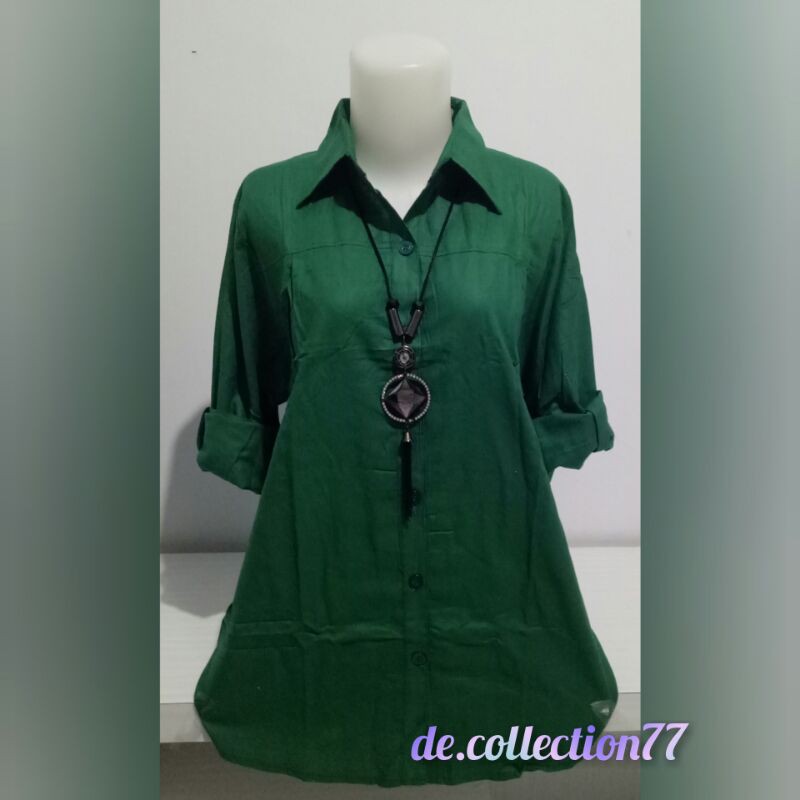 Kemeja Wanita Polos / Atasan Rami /Pakaian Wanita Lengan Panjang A.045A-Hijau