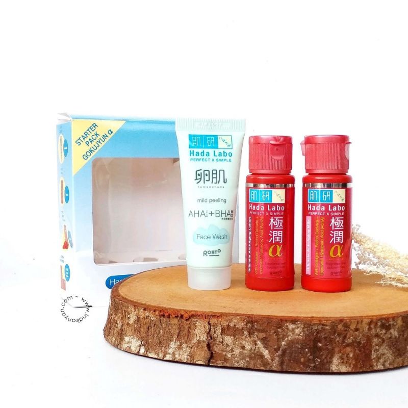 HADA LABO Gokujyun Alpha Starter Pack (Isi 3 Pcs) | Lotion, Milk, Tamagohada Face Wash 20 ml | Anti Aging