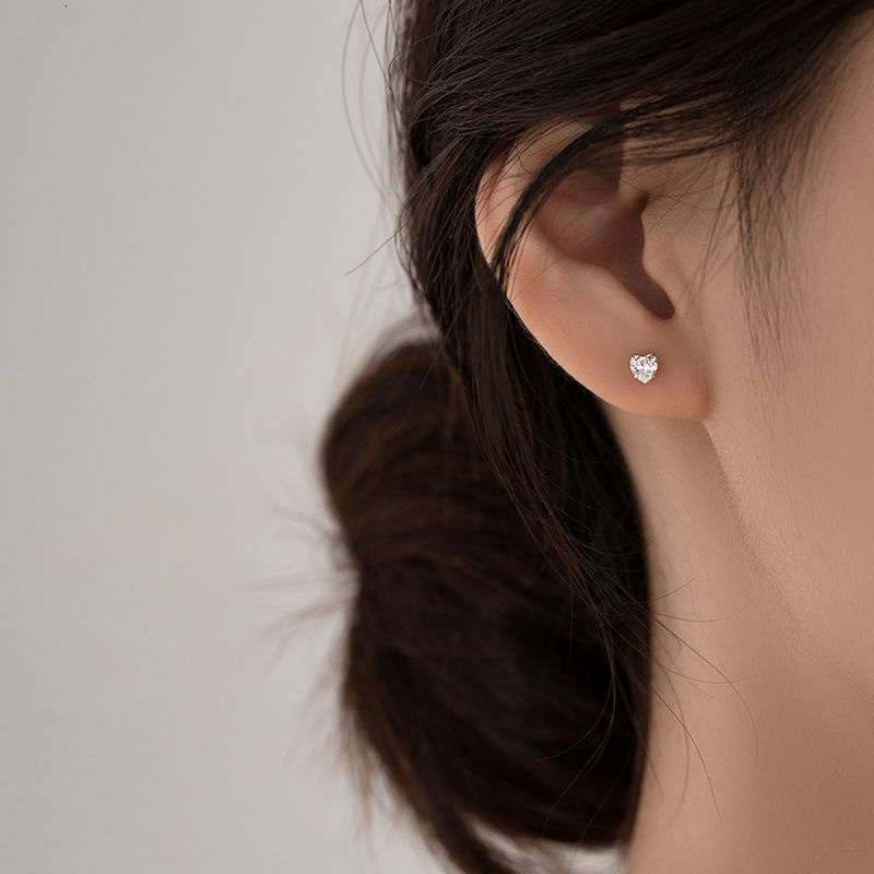 100% S999 Silver Earrings Berlian Hati Hypoallergenic kancing zirkon Anting Jarum Telinga Need Tongkat Dasar Sederhana Tindik Anting Helix  Harian Minimalis