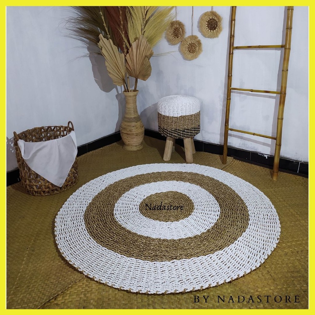 Rug Seagrass 120 cm Motif Putih Natural Kombinasi / Tikar / Karpet bulat anyaman