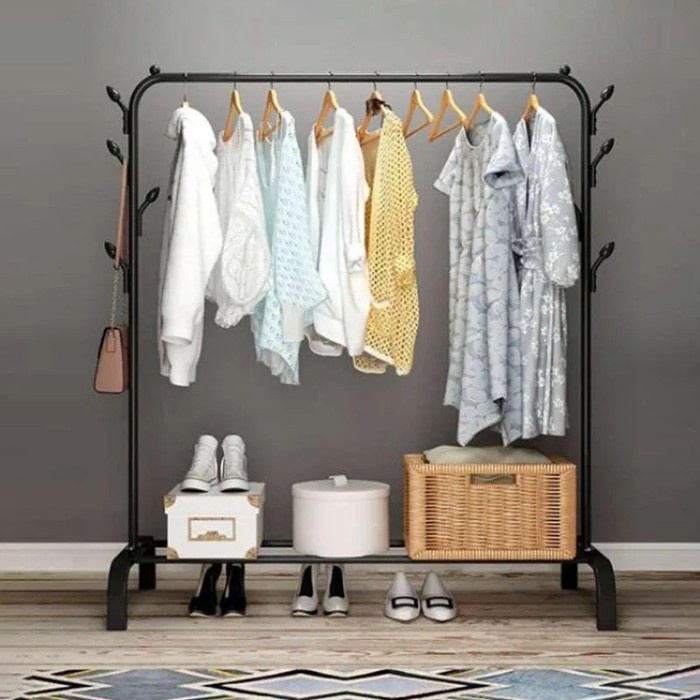 Hanger Gawang Besi Kuat Putih Hitam Butik Display Gawangan Gantungan Baju BESI KOKOH Stand Cloth Double Rack Gawang Baju Stand Cloth Hanger Double Gantungan Baju Stand Hanger rumah_kita2020