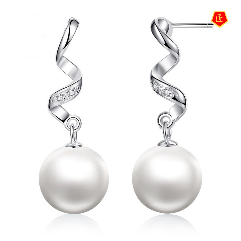 [Ready Stock]Natural Pearl Wave Pattern Silver Stud Earrings Long Simple