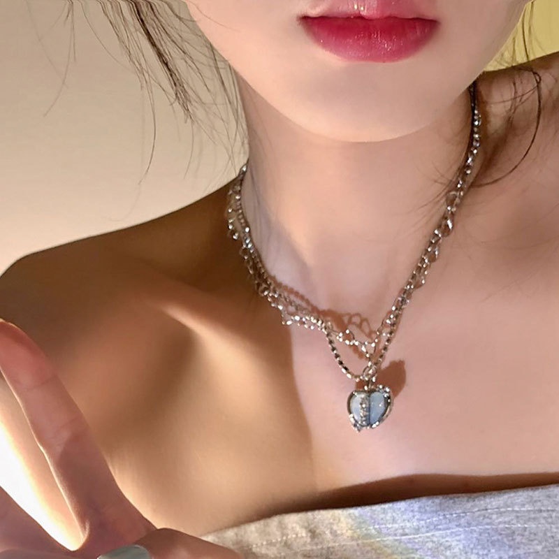 Kalung Liontin Berlian Zircon Bentuk Hati Multilayer Gaya Korea Untuk Wanita