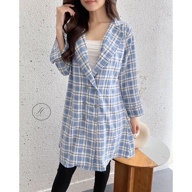 HERBEST 9126 LONG BLAZER WANITA COTTON IMPORT OUTER MOTIF SQUARE KOTAK