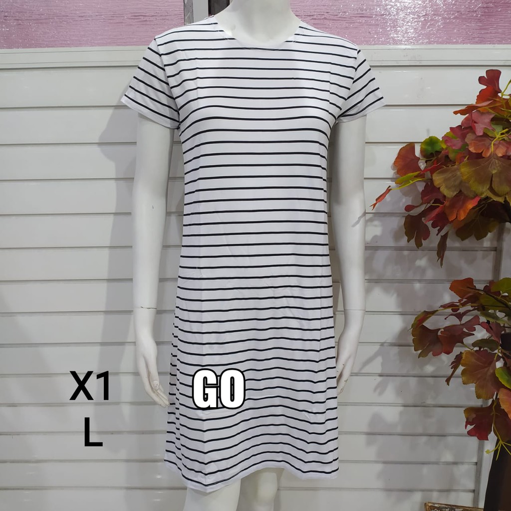 gof DS LMN DRESS/DASTER Wanita Casual Motif Salur Hitam Putih Pakaian Perempuan Lengan Pendek