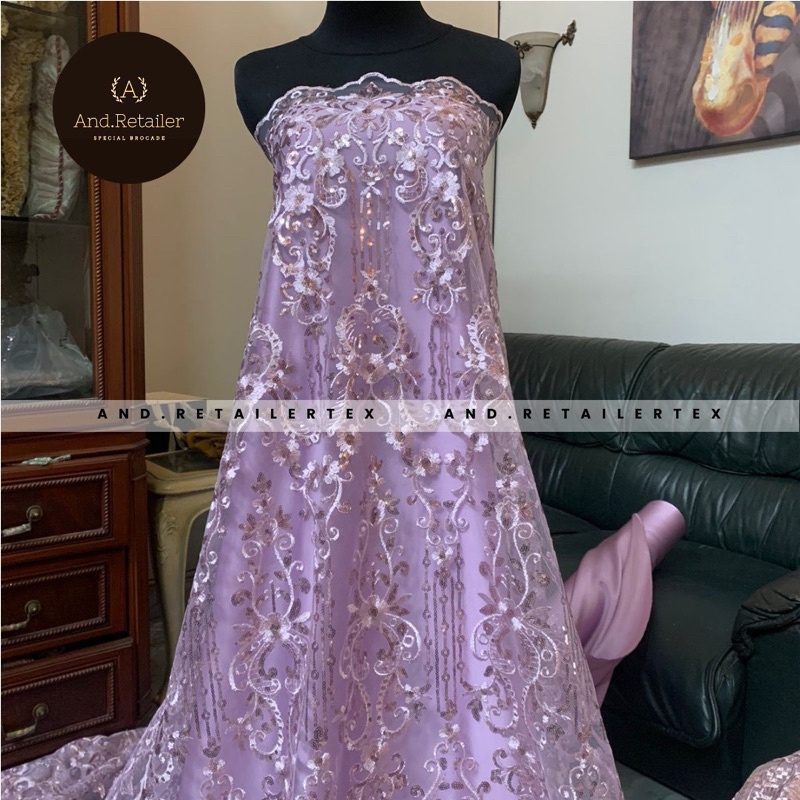 Bahan Kebaya Mewah Kain Brokat Tile Payet Elizabeth Warna Lilac