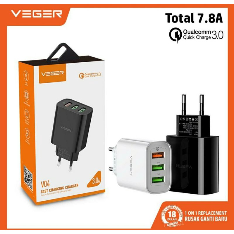 VEGER V04 Charger 3 Port USB Quick Charge 3.0 Fast Charging Adaptor