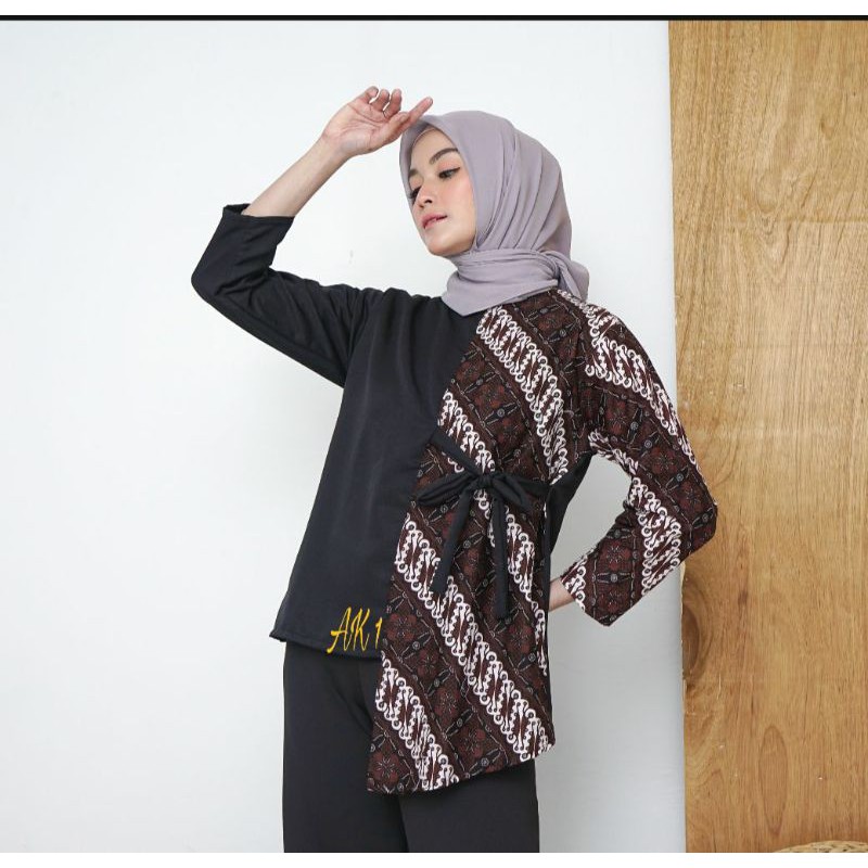 tey-17 Batik wanita ASJ SA HRB026 Kenongo Kemeja Tosca Pendek-sopal seno hitam ahw