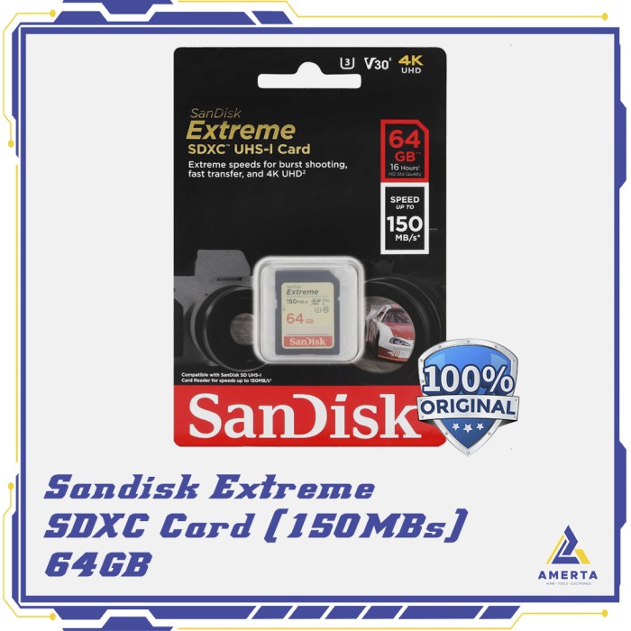 SanDisk Extreme SDXC Card UHS-I V30 U3 Class 10 (150MBs) 64GB