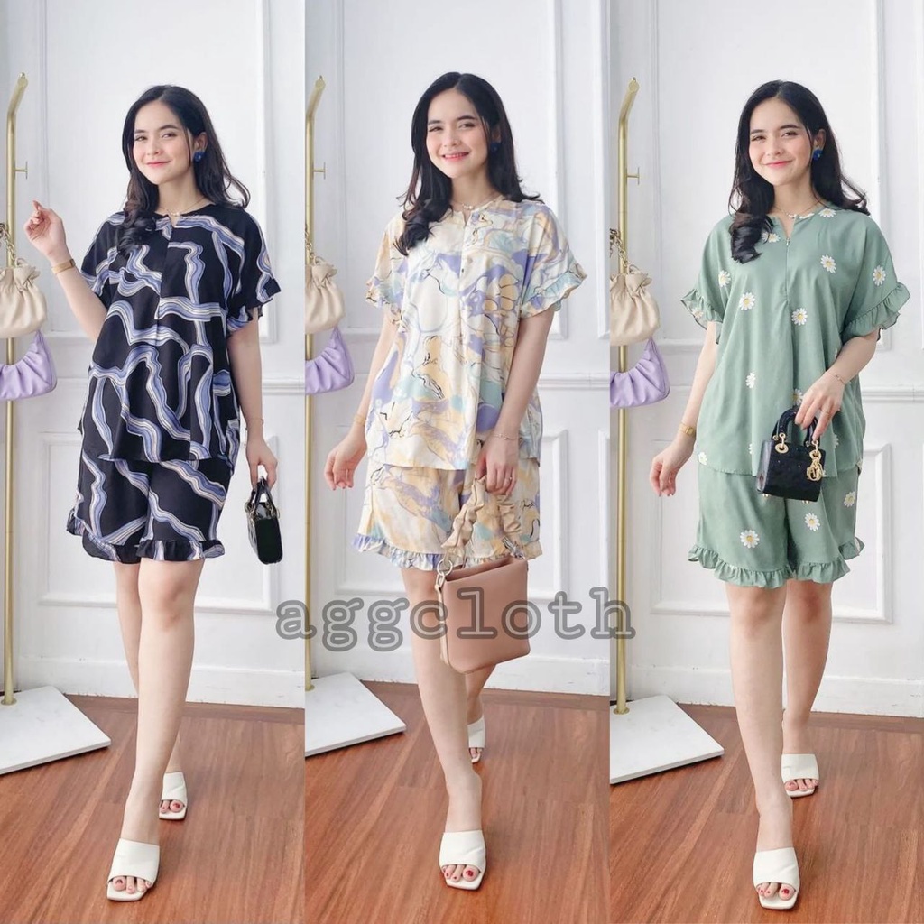 MINI SET Setelan Wanita Rufle Baju Tidur Rayon Kekinian AGGCLOTH