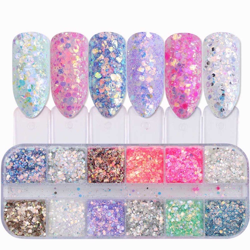 12warna Glitter mix size gliter nailart nail art swarovski acc hologram glitter pearl nail