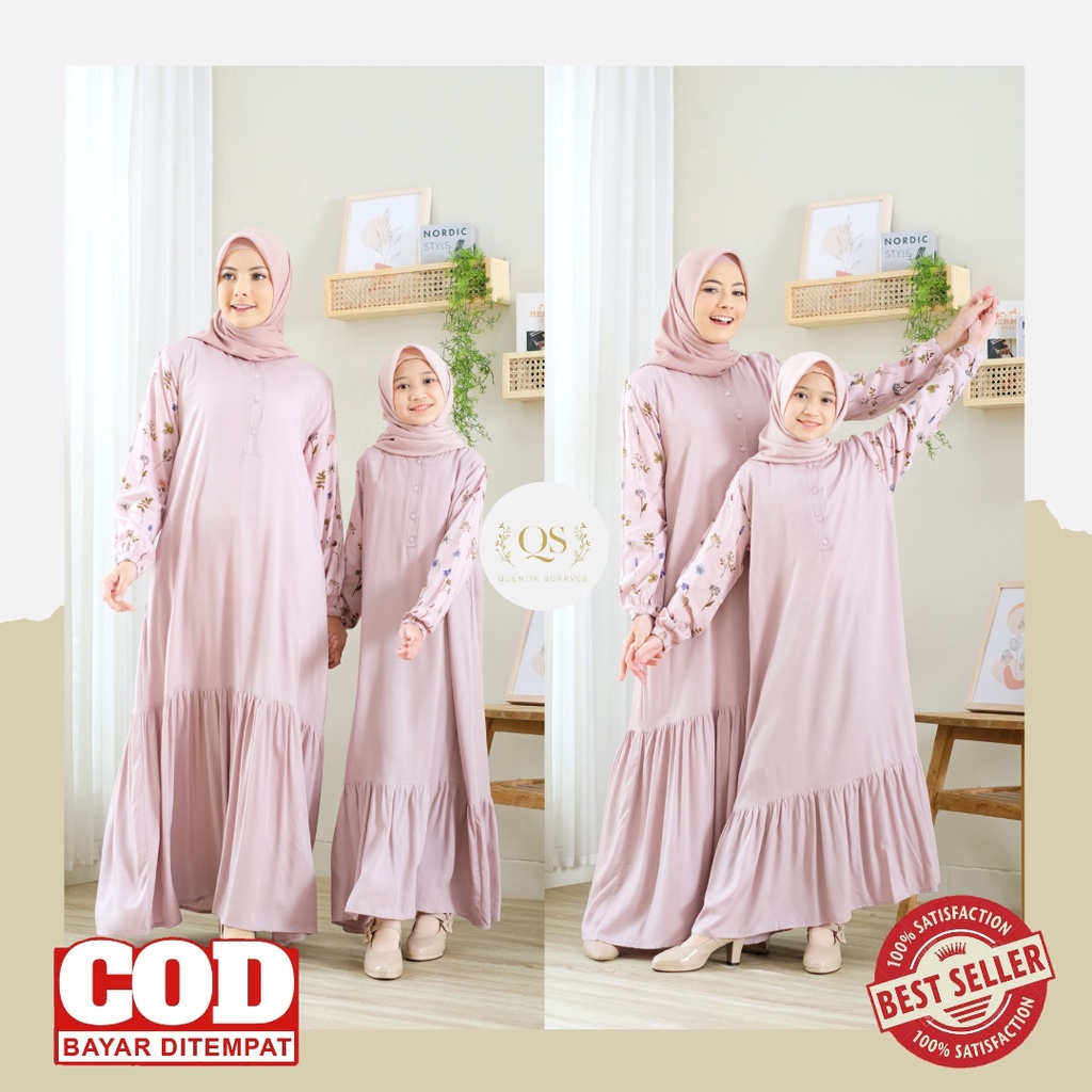 Baju Kembar Ibu dan Anak/Gamis Anak Motif Floral Pink/Gamis Dewasa Lengan Panjang Bahan Katun Rayon/
