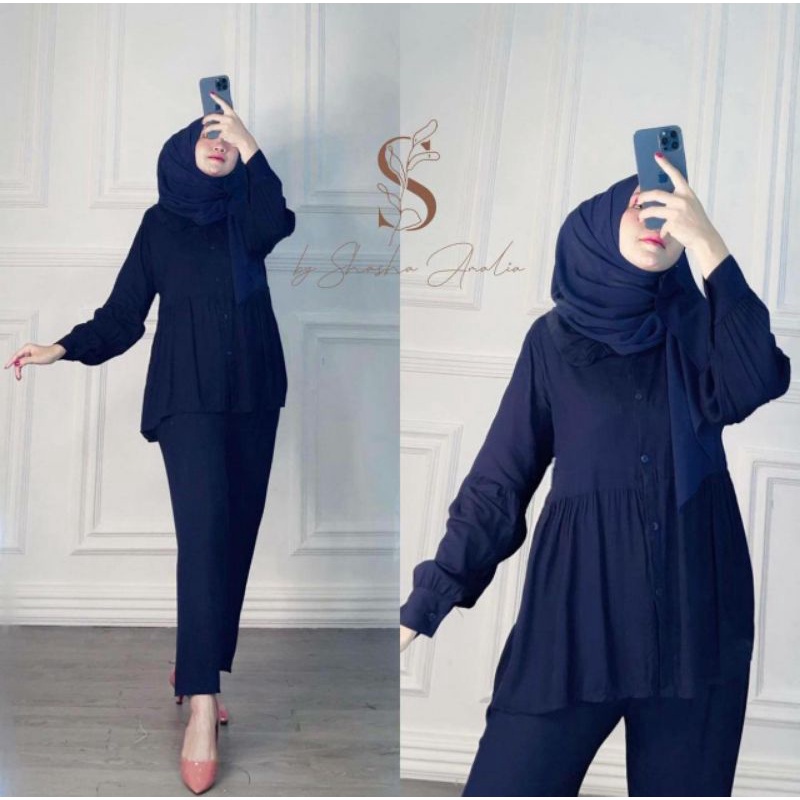 Amanda set - One Set Wanita Rayon Premium Setelan Wanita Rempel Celana Panjang Set Rayon Kekinian LD 110 cm